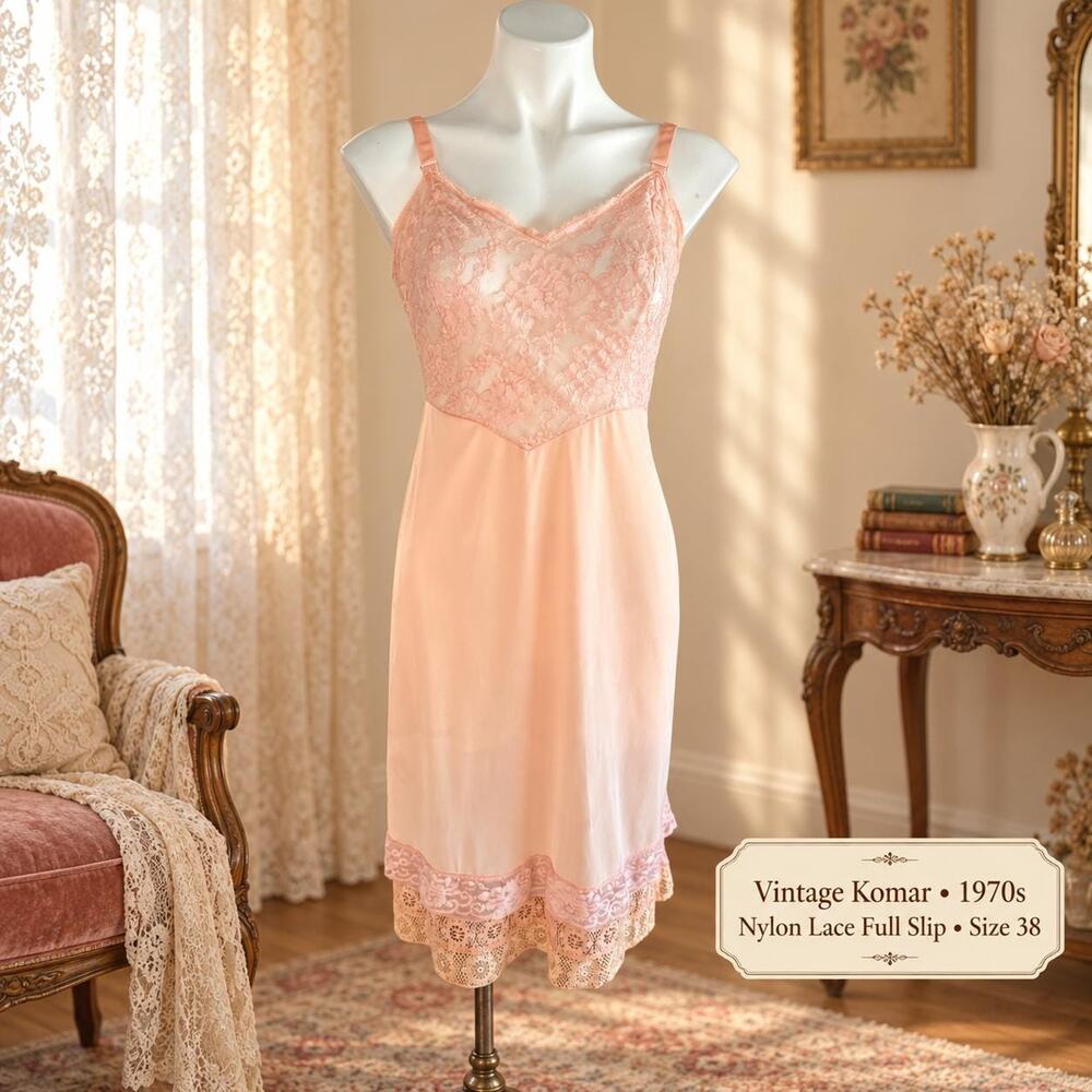 Vintage Komar Nylon Lace Bodice Full Slip 1970s Peach Flounced Lace Hem Sz 38
